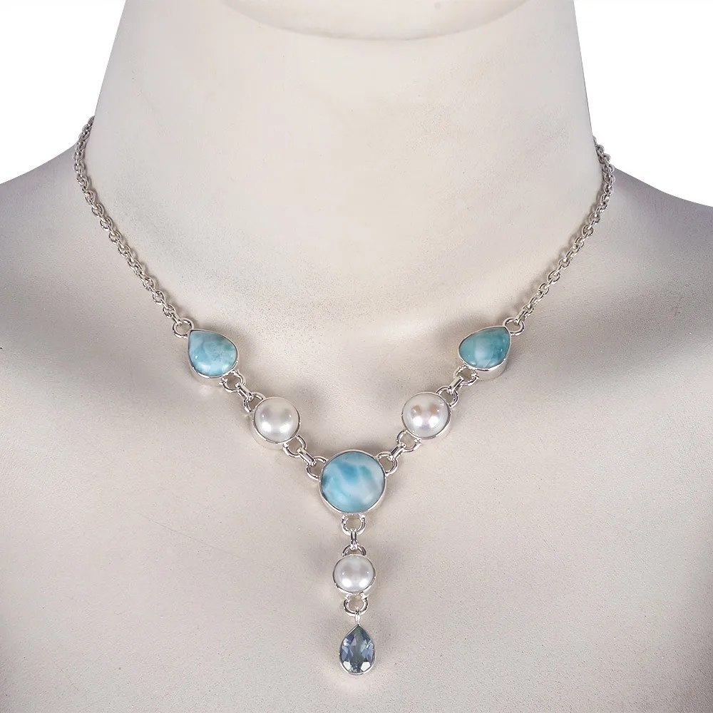 海滩珠宝天然 larimar 珍珠和蓝色托帕石宝石 925 纯银项链