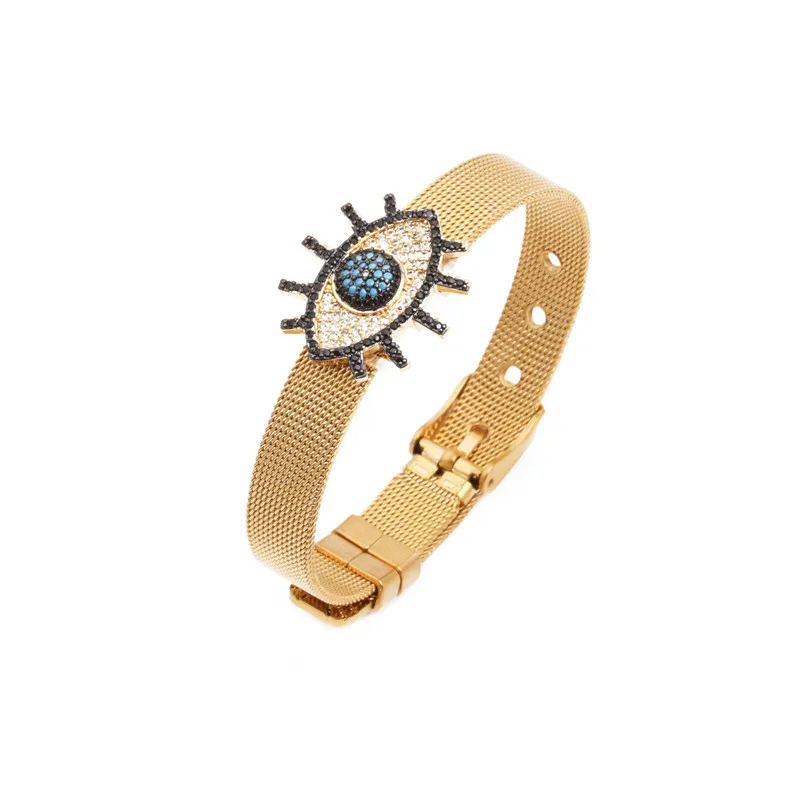 New Fashion DIY Stainless Steel 8mm Keeper Blue Crystal Evil Eyes Bracelet Slide Wristband Mesh Loop Bracelet For Men Women
