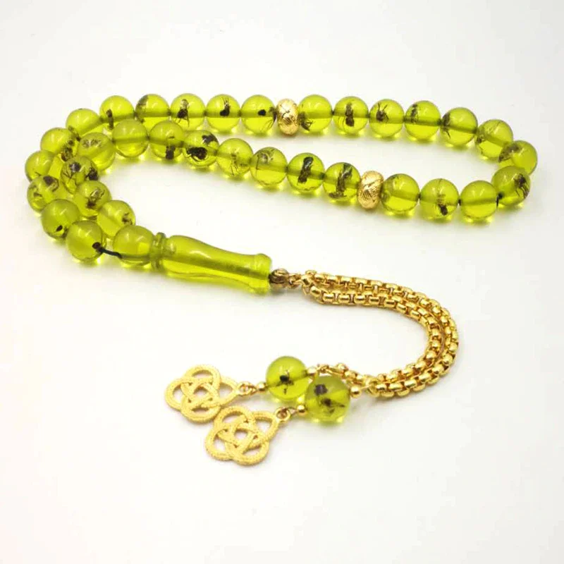 

Green Resin tasbih gift Eid al-Adha real Insect Rosary Golden tassel 33 45 66 99 prayer beads pusheen Man's Misbaha Bracelets