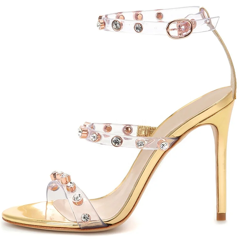 

PVC Straps Women Clear Band Sandals Big Rhinestone High Heels Pumps Gold Ankle Strap Shoes