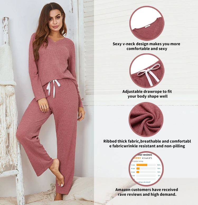 

100% Check Quality Wholesale Trendy Loungewear Women Sets Pajamas For Women Ribbed Knit Loungewear