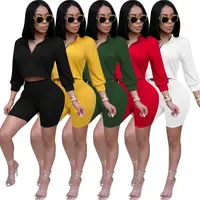 

Autumn Womens Clothing Skinny Shorts Set Two Piece Crop Top And Three Quarter Sleeve Zipper V Neck Solid Color Y12141