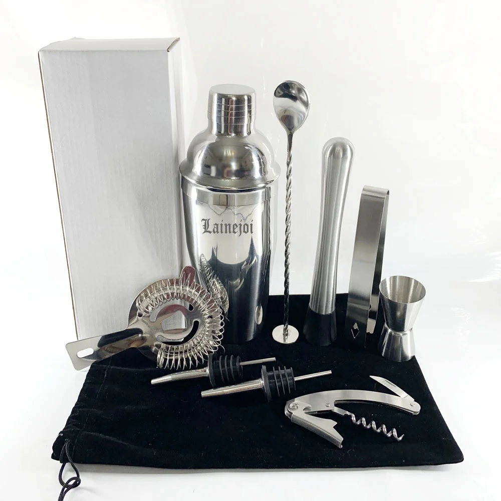 
Factory Customize 9pcs Home Bar Food Grade SS304 Stainless Steel Mixology Bar tools Bartender Kit Cocktail Shaker kit 