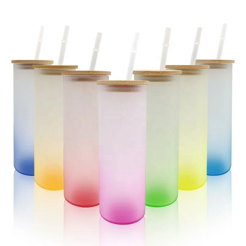 

2022 Wholesale Custom Gifts 18oz Frosted Gradient Glass Cup With Bamboo Cover Glass Tumblers For Lovers Gift