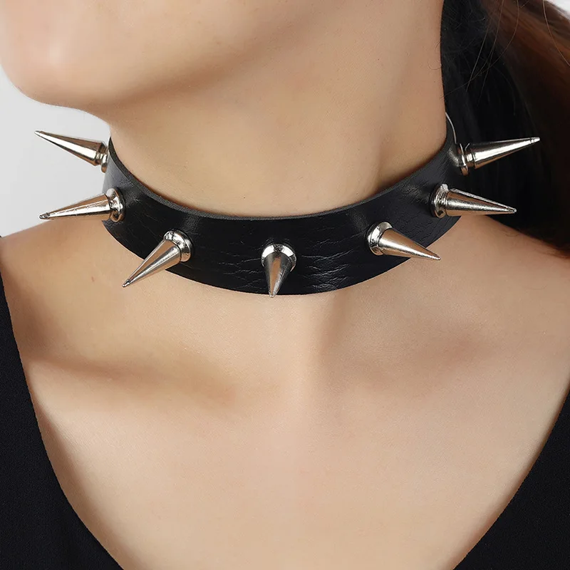 

CK019 Fashion Women Lady Harajuku Punk Gothic PU Leather Choker Heart Chain Spike Rivet Buckle Collar Necklace