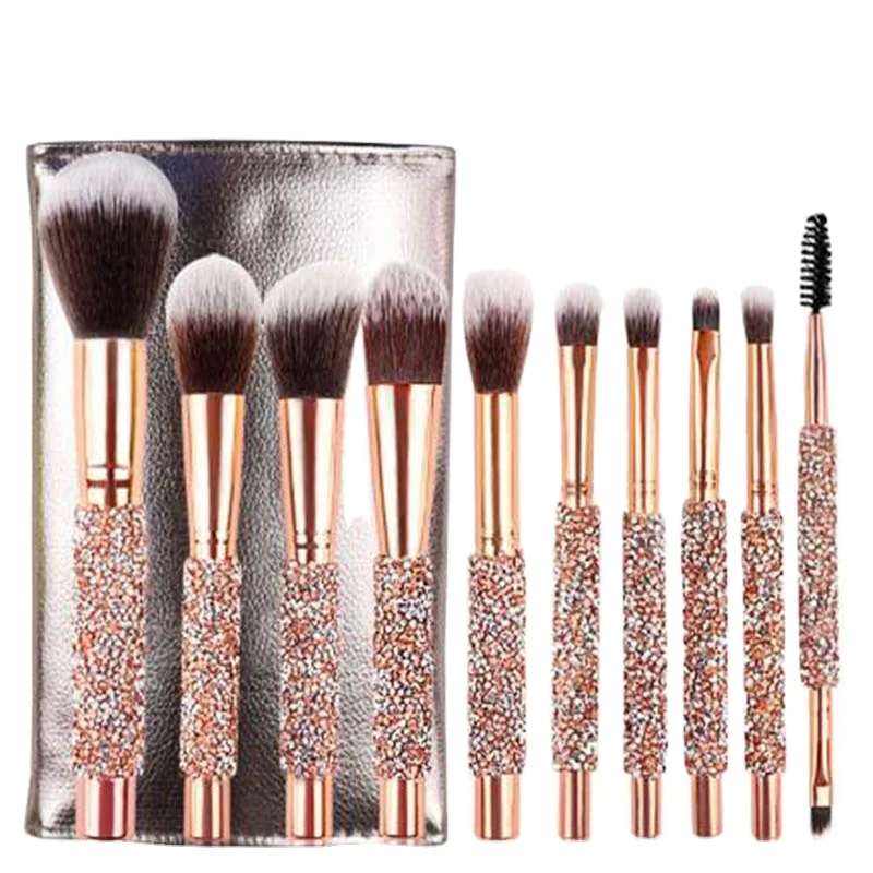 

Rose golden Glitter Handle 10pcs crystal diamond foundation brush set with PU bag makeup brushes, As picture