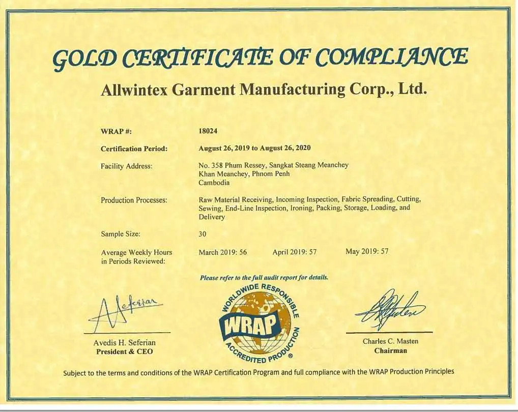 
sportswear factory profile from Cambodia WCA approved factory SMETA BSCI GRS factory 