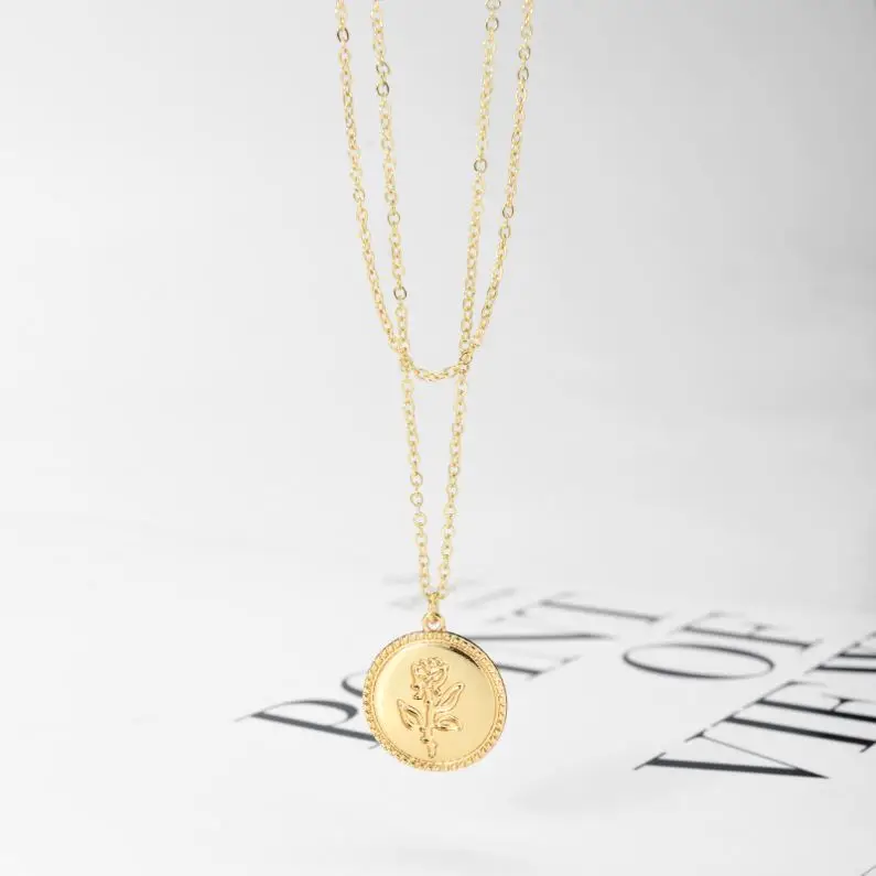 

2021 gold color round pendant necklace girls flower coin layered choker necklace women accessories wholesale, Shiny gold