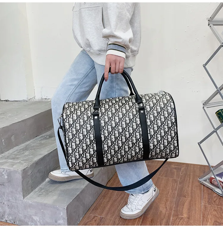 

Sports Tote Gym Bag Shoulder large space Weekender letter printing travelling bag, Black,brown