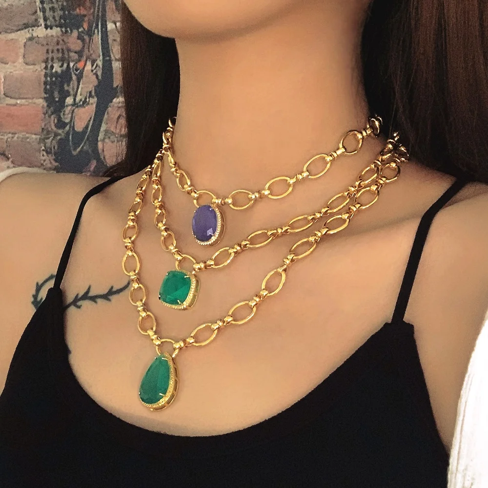 

women pendants for necklace square gemstone charm gold link chain necklaces, Green purple