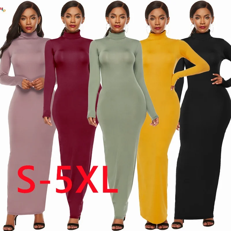 

2022 Wholesale Autumn Ladies Elegant Long Skirt Long Sleeve Turtleneck Stretch Women Knitting Causal Bodycon Dress