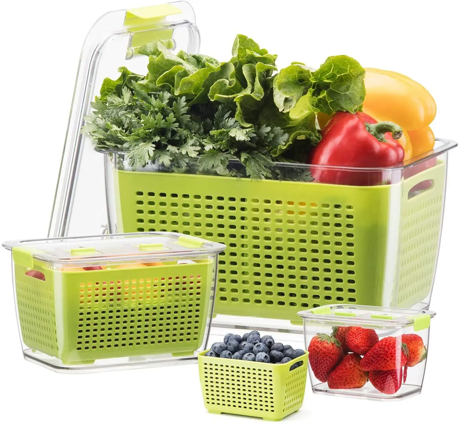 

3 Pack Green Vegetable Fruit Storage Containers for Fridge Refrigerator Organizer with Strainers and Vented Lids, White/gray/green