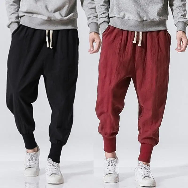 

Men Harem Pants Drawstring Cotton Joggers Solid 2021 Streetwear Drop-Crotch Trousers Men Baggy Casual Sweatpants S-5XL