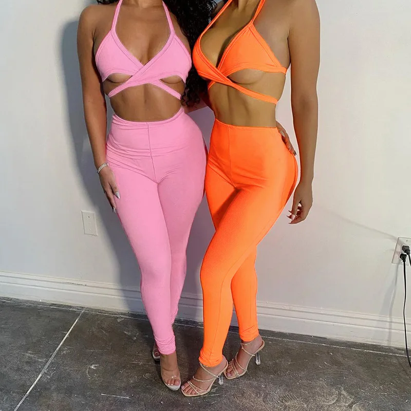 

Halter Solid Summer Sexy Workout Apparel Ladies Sets Sleeveless Orange Bandage Crop Top And Leggings Pants Two Piece Outfit Set, Orange,blue,pink