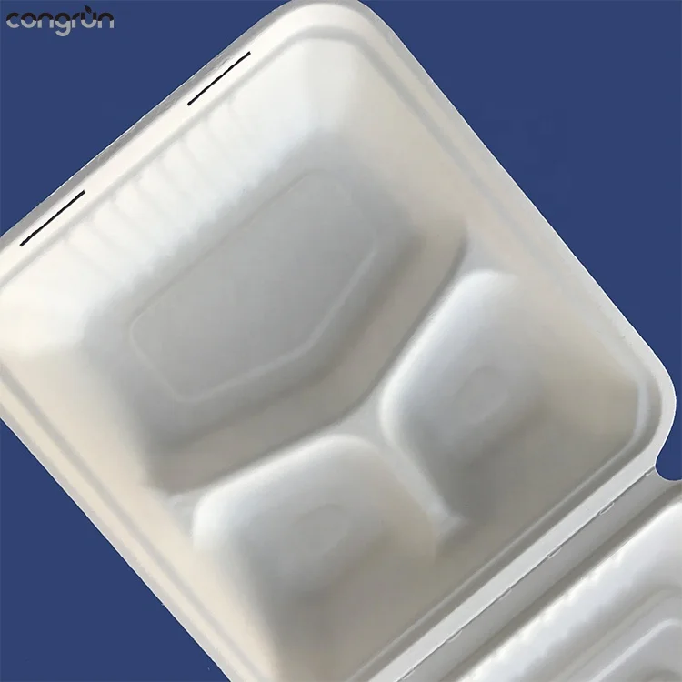 
Compostable Biodegradable sugarcane paper pulp 3 compartment food boxes with lid 