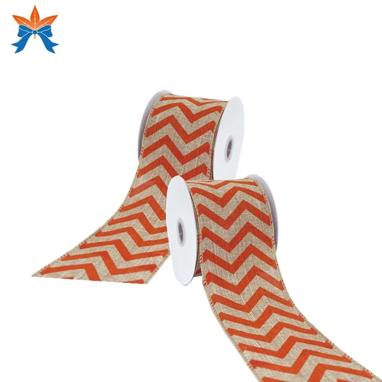 

Halloween Tan Faux Jute with Orange Chevron Wired Stain Ribbon