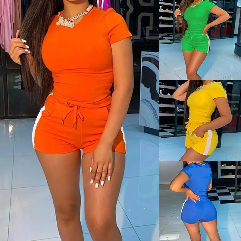 

2021 Summer Solid Color Jogger Sweat Outfit 2 Piece Short Set Women Clothing Custom Logo Biker Shorts Two Piece Set