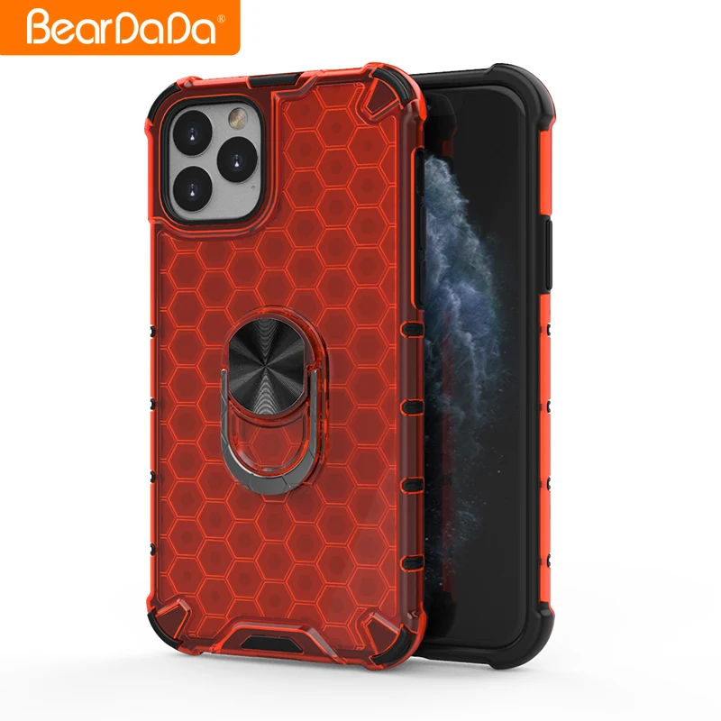 

2021 New Arrival Honeycomb Clear Transparent Ring Holder Car Magnetic Shockproof Back Case Cover For IPhone 11 12 Pro Phone Case, 5 colors