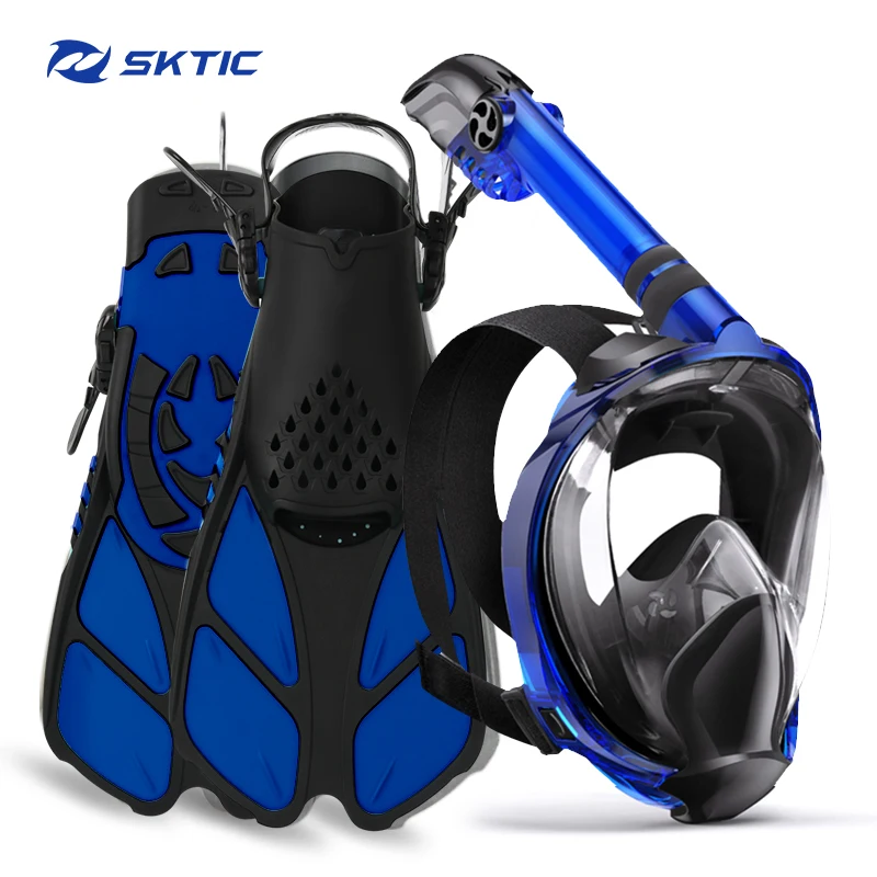 

SKTIC Newest Professional Anti-Fog Adults Snorkel Mask Snorkeling Set Adjustable Fins Black Blue Silicone Mask