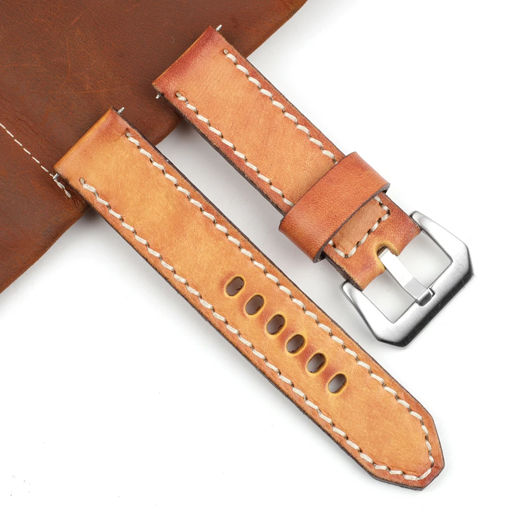 

Onthelevel Genuine Leather Watchbands Yellow Watch Strap Belt Stainless Steel Polished Buckle Watch Band For Panera 22 24mm, As picture