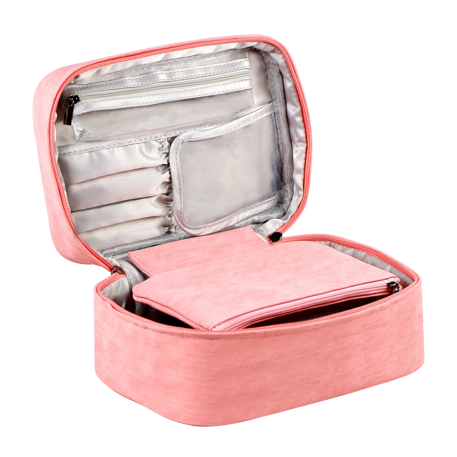 

Free sample travel large cosmetic bag with detachable storage pouch make up organizer for girl pink makeup bag