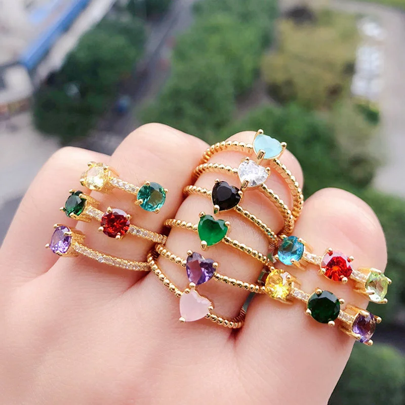 

18K Gold Plated Minimalist Korean Brass Jewelry Crystal Heart Rings for Women