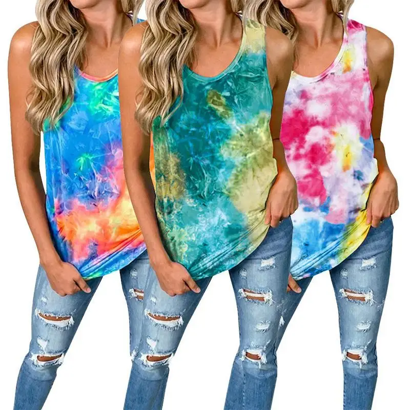 

Fashion Women O-neck Tie Dye Printed Back Cross Sleeveless Tank Tops Casual Tie Dye Vest