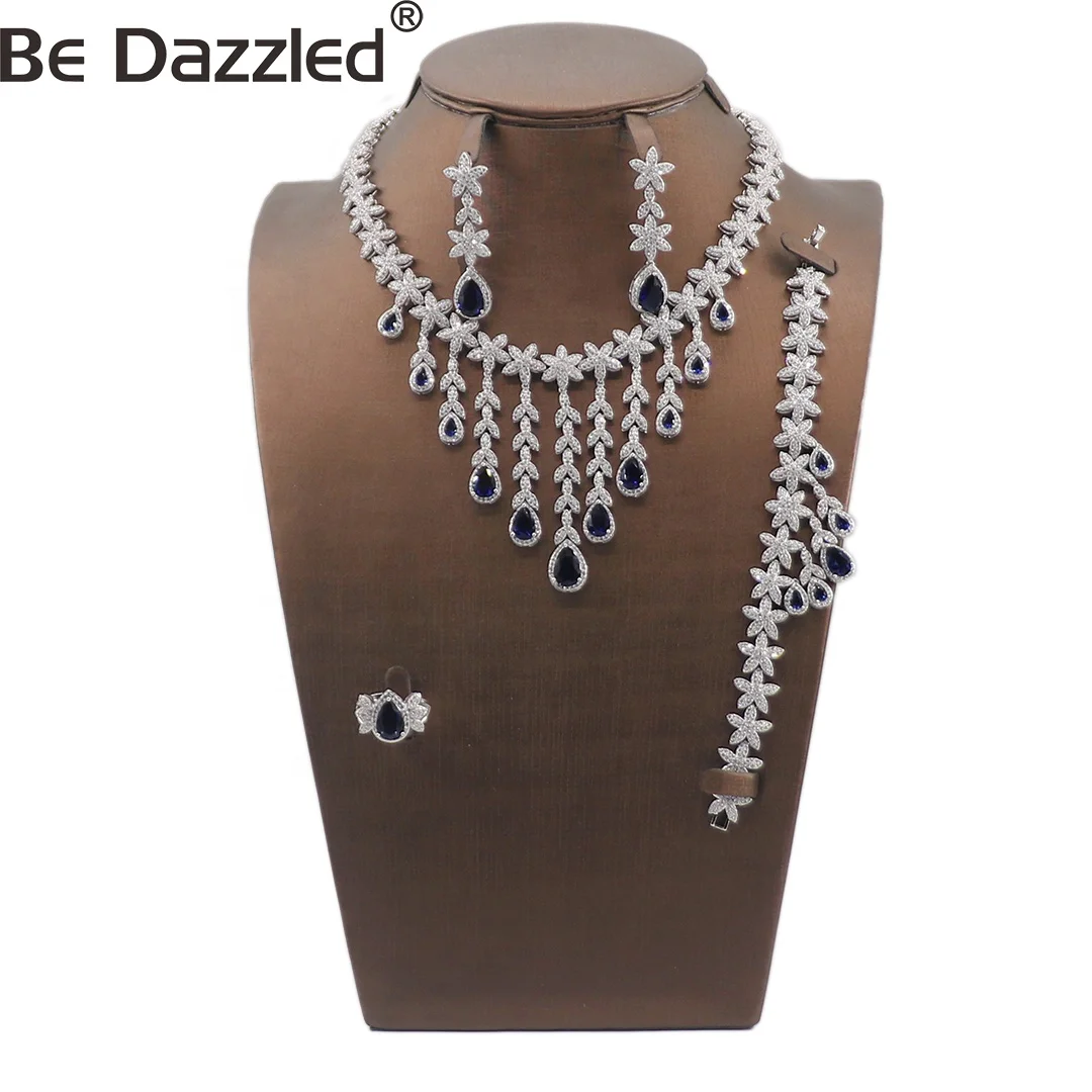 

Luxury Jewelry Set Wholesale Blue Zircon Stone Wedding Tassel Necklace Earrings Navy Main Stone Jewellery Set For Party Gift