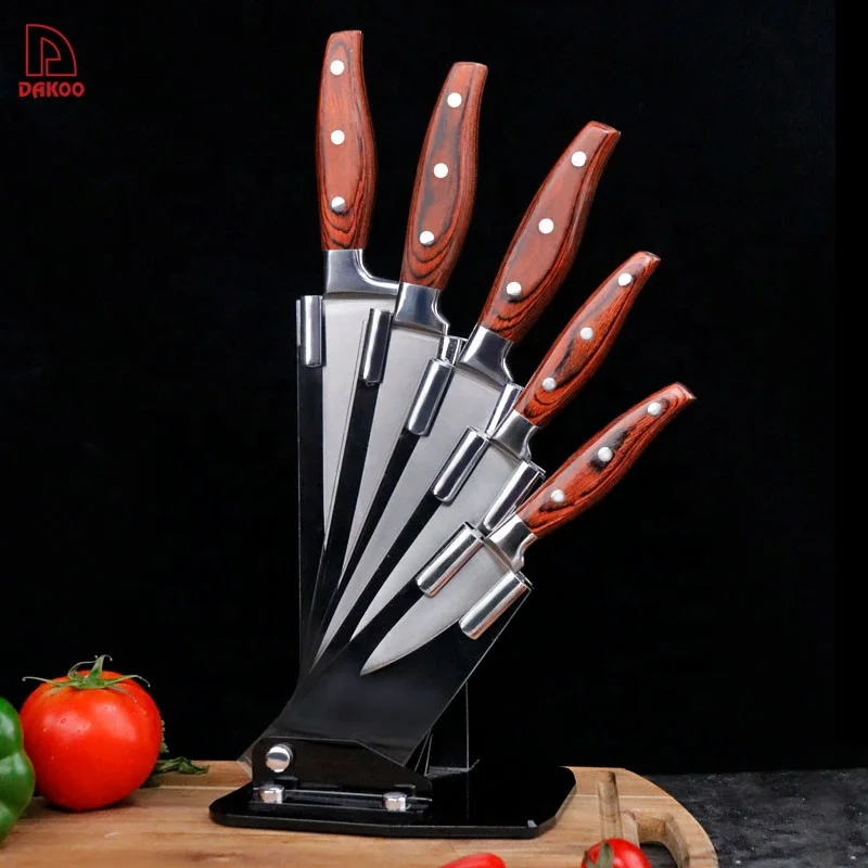 

Hot sale Pakka Wood butcher slicing knife 5PCS Kitchen Knife Set with Forged Handle, Red