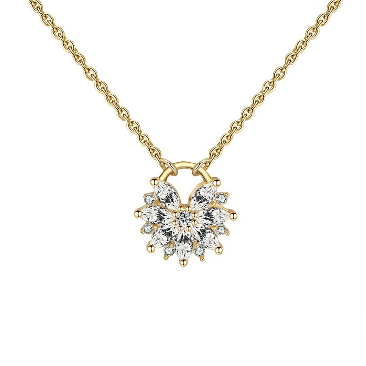 

Low MOQ Yellow Gold Plated Chain Flower Shaped Clear Cubic Zirconia Fine Jewelry Sun Flower of Life Necklace