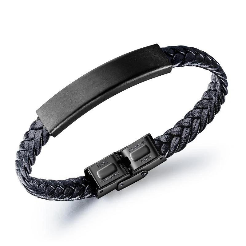 

Black Plain Stainless Steel Engraving Bar Braided Men Leather Bracelet