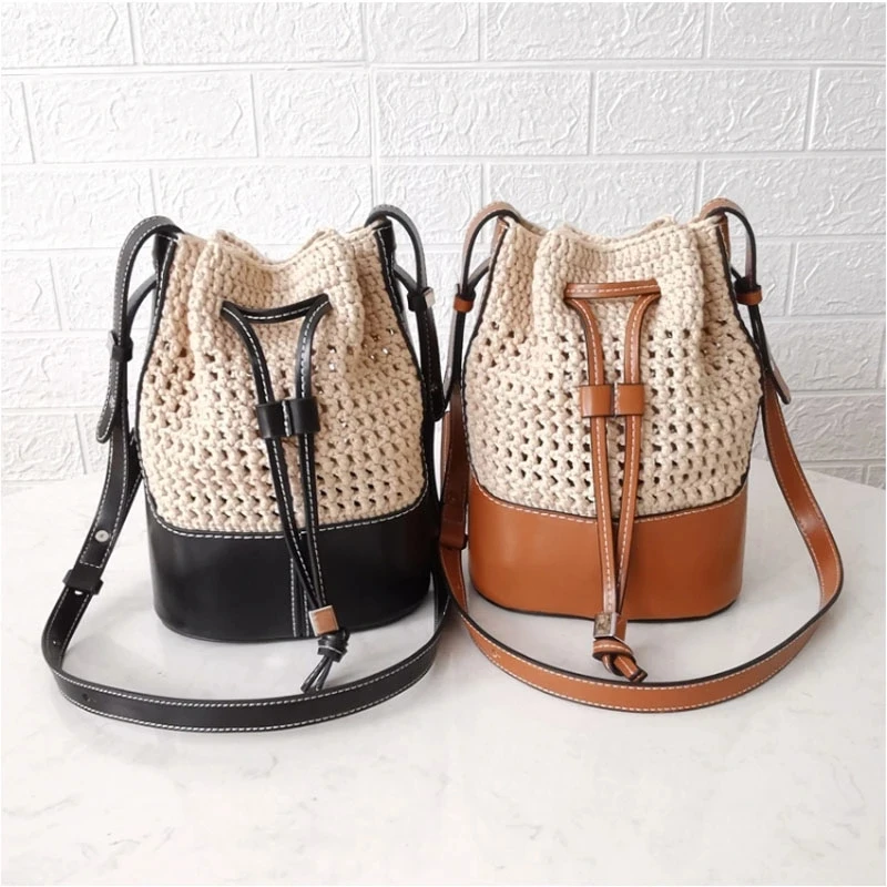 

DIY Handmade Crochet Handbag Pouch Accessories Leather Shoulder Strap Chain Handle Bag Bottom Replacement, Black/brown
