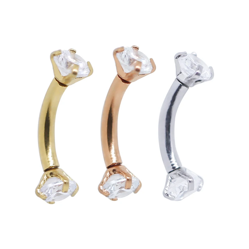 

316 Steel gold Double Cone Eyebrow Ring Lip Ring banana Body Piercing Jewelry, Rose gold-plated with clear gems