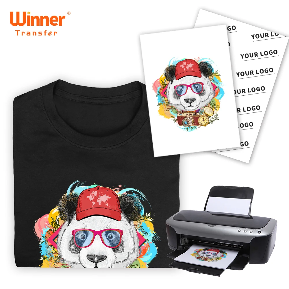 

Ready to ship Custom Branded 8.5x11inkjet heat transfer paper dark for Dark and Light/White Fabrics