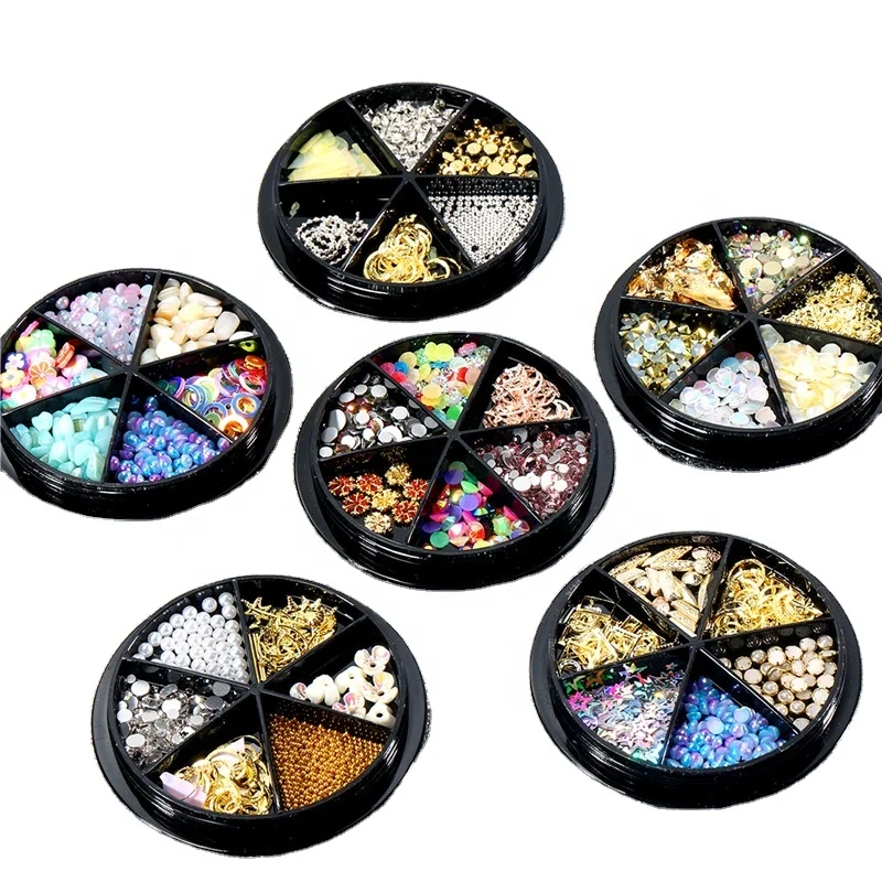 

6 Grid Disc 3D Jewelry Metal Rivet Pearl Rhinestone Shell Sequin Mixed Black Plate Nail Art Decoration Stickers Accessories, Gold and silver