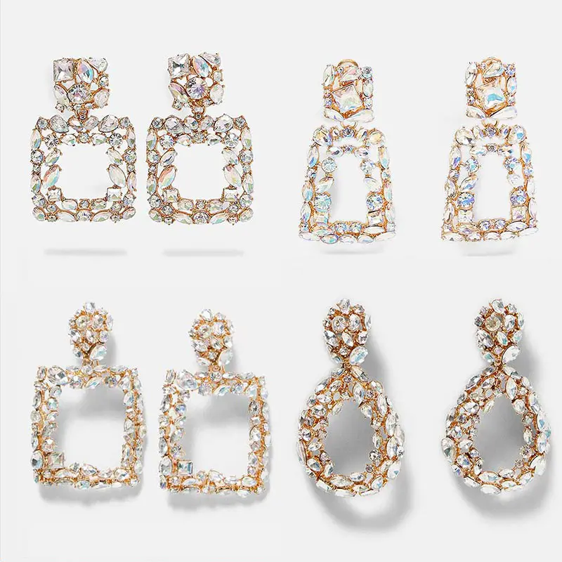 ZA Shine Crystal Drop Earrings for Women Geometric Rhinestone Big Statement Earrings Bling Wedding Bridal New Jewelry
