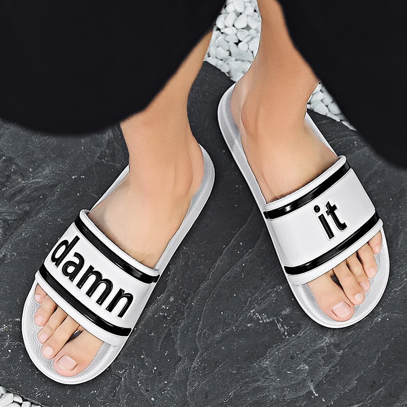

Wholesale Cheap Slippers Men Summer Slides Footwear Hot Sale Bathroom Slipper Indoor Casual Sandals Male, Black white