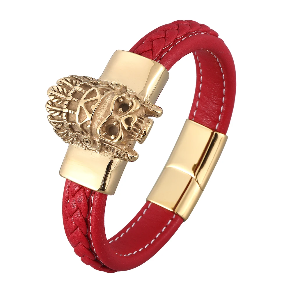 

Trendy Red Braided Leather Bracelets Men Gold Indian Skull Stainless Steel Male Punk Wristband Party Jewelry SP0930