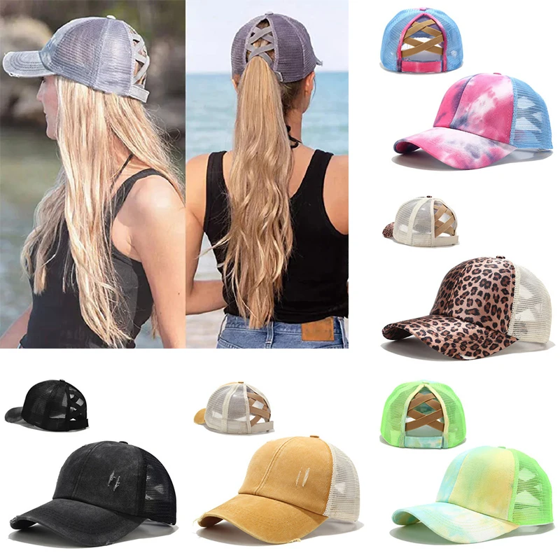 

Fashion Women Girls Outdoor Sports Glitter Tie Dye Visor Cross Back Ponytail Snapback Trucker Hat For Men Women