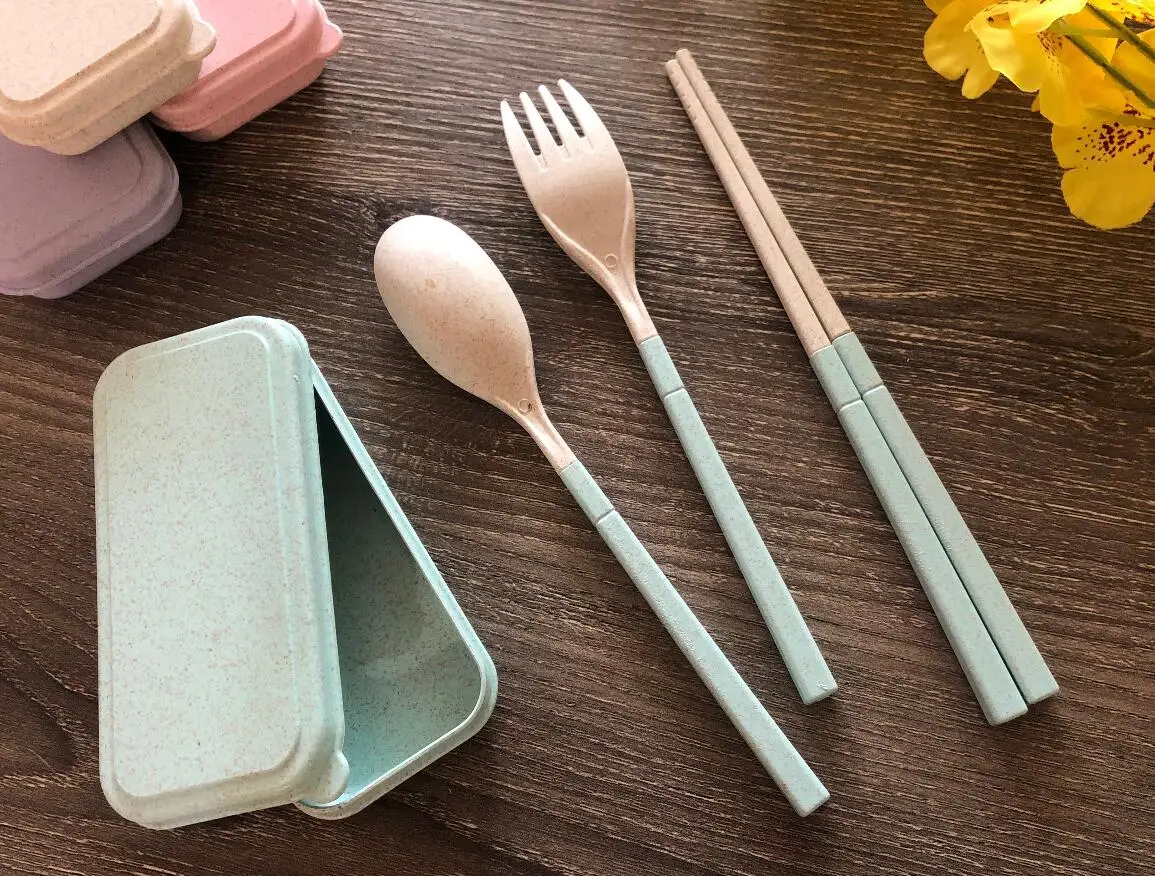 ThreeRs 6 Pcs Eco-Friendly Wheat Straw Travel Camping Cutlery Spoon Fork Plates Tableware Set Green