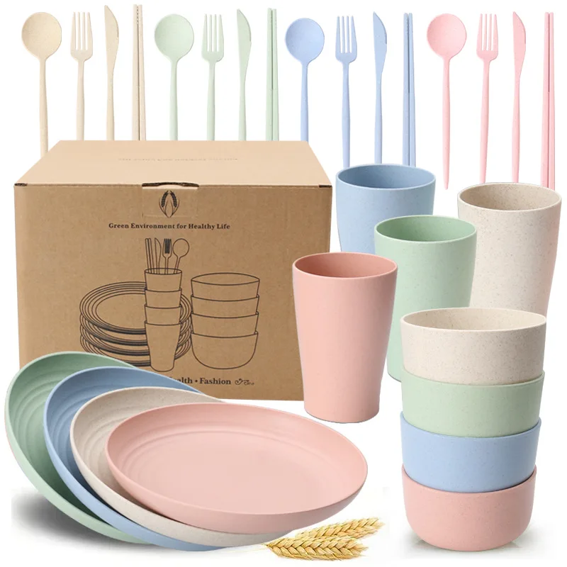 

28pcs Bpa Free Plastic Cutlery Dinner Plate Set Fiber Bowl Cup Wheat Straw Dinnerware Sets