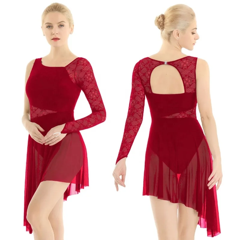 

Women Adults Long Sleeve with Fingertip Lace Bodice Asymmetric Leotard Dress Lyrical Modern Contemporary Ballet Dance Costume