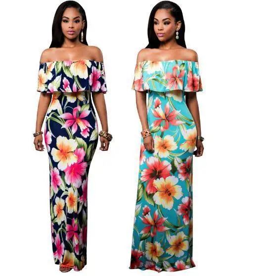 

2021 High Quality Summer Women Floral Printed Bohemian Off Shoulder Long Maxi Dress