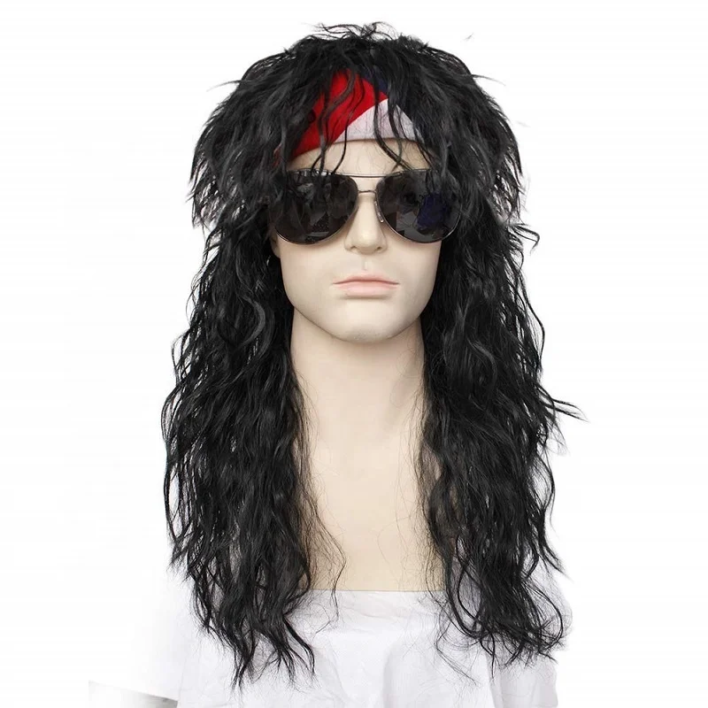 

Anogol 80S Rocker Long Curly Wavy Display Wig Black Synthetic Wigs Hair