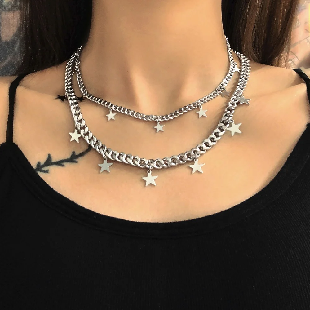 

Silver Jewelry Hip Hop Cuban Brass Plated Gold Necklaces Star Charm Cuban Link Chain Necklaces, Gold/silver