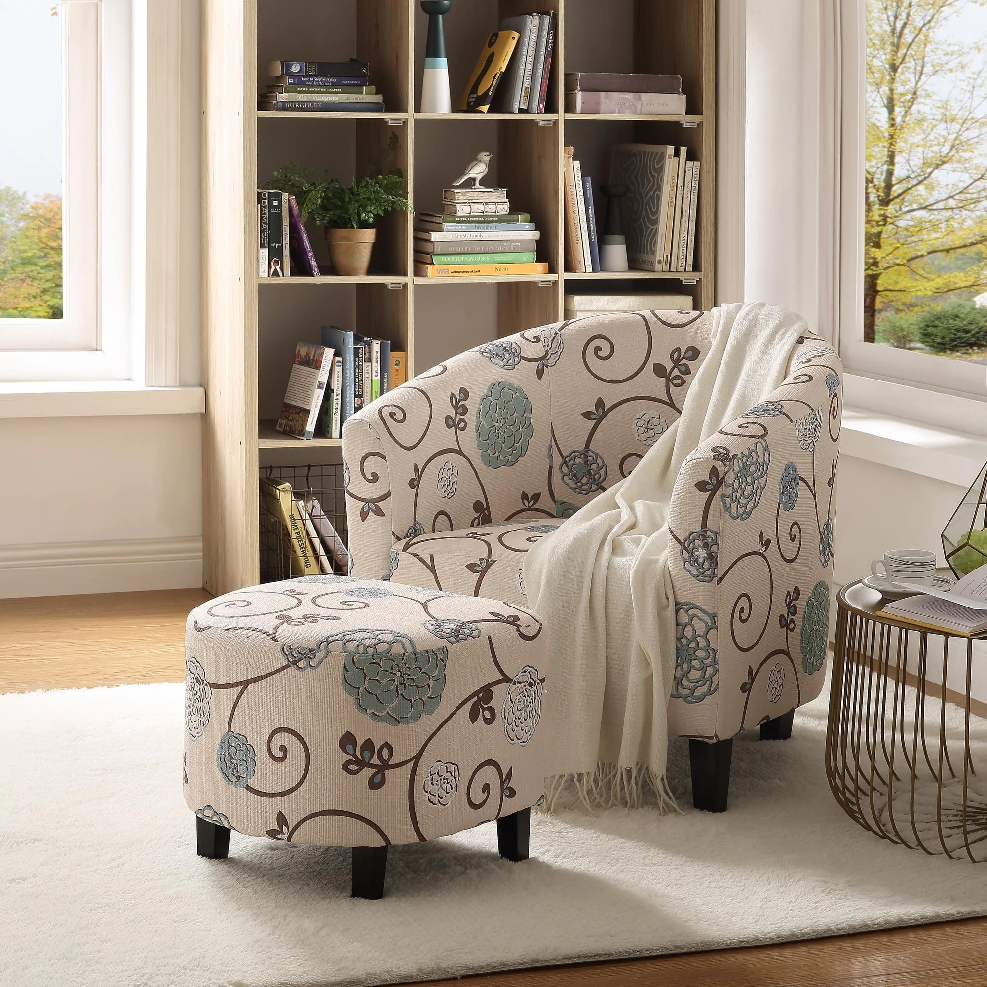 

Retro Fancy Living Room Chairs with Footstool, Beige and blue, beige