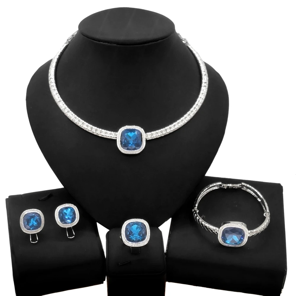 

Yulaili New Gold-Plated Jewelry Set Shiny Sapphire Necklace Bracelet Earrings Ring Set Brazil Wholesale Zircon Jewelry Sets