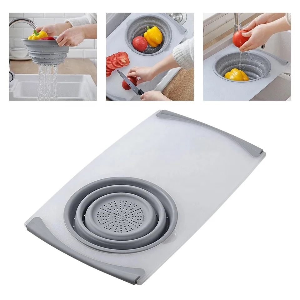 

3 in 1 Kitchen Filter Chopping Blocks Cutting Board Collapsible Sink Drain Basket Vegetable Storage Basin, Gray