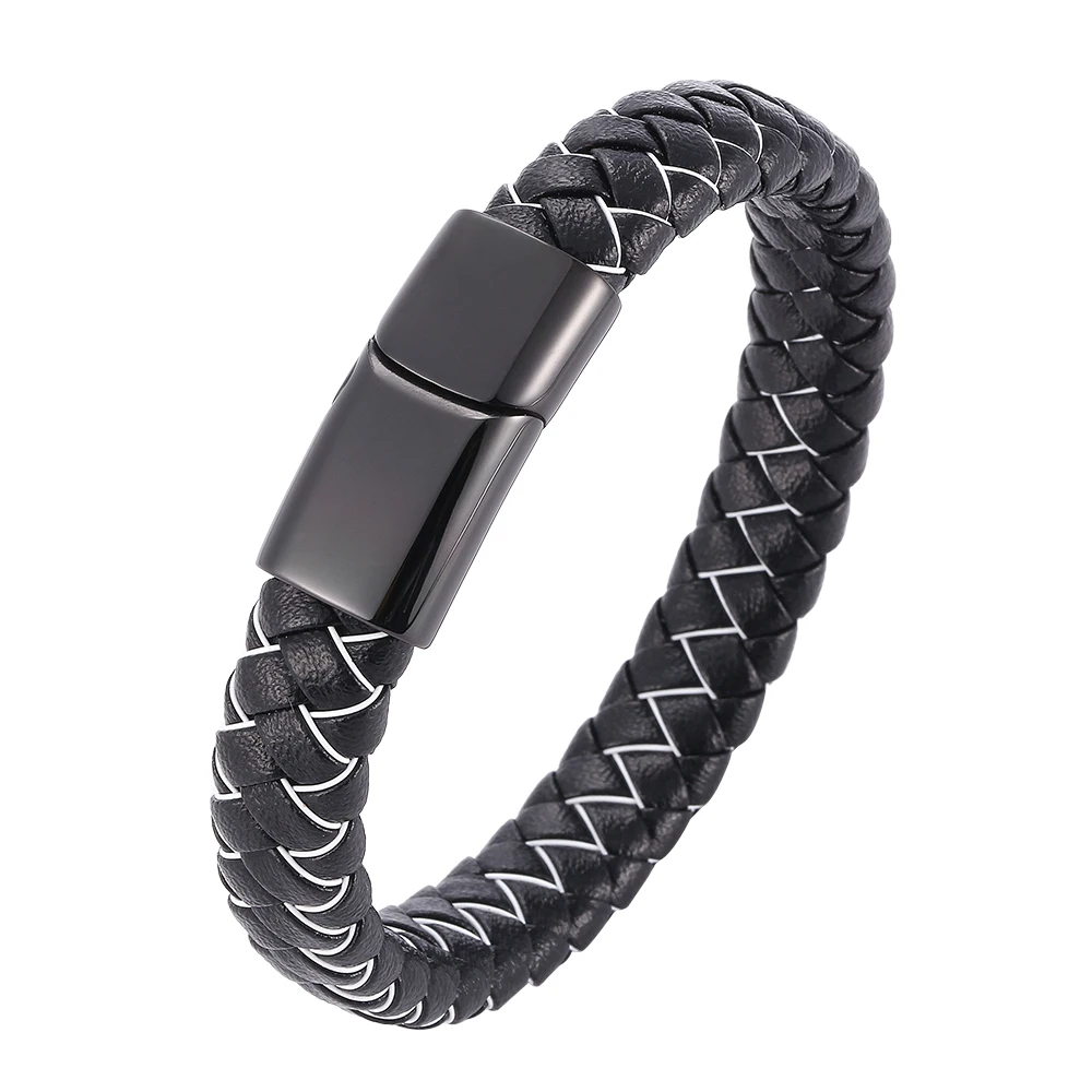 

Trendy Men Jewelry Black Braided Leather Rope Bangles Stainless Steel Magnetic Buckle Woven Bracelet Punk Male SP1083