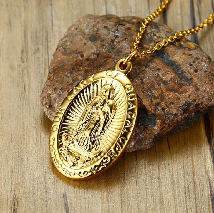 

Jialin jewelry ins gold Chinese dragon stainless steel our lady of virgin virgen de guadalupe charm pendant necklace